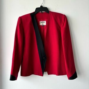 VTG Kasper Blazer Red Black Trim Collarless Wool One Button Womens 8 Career 80s